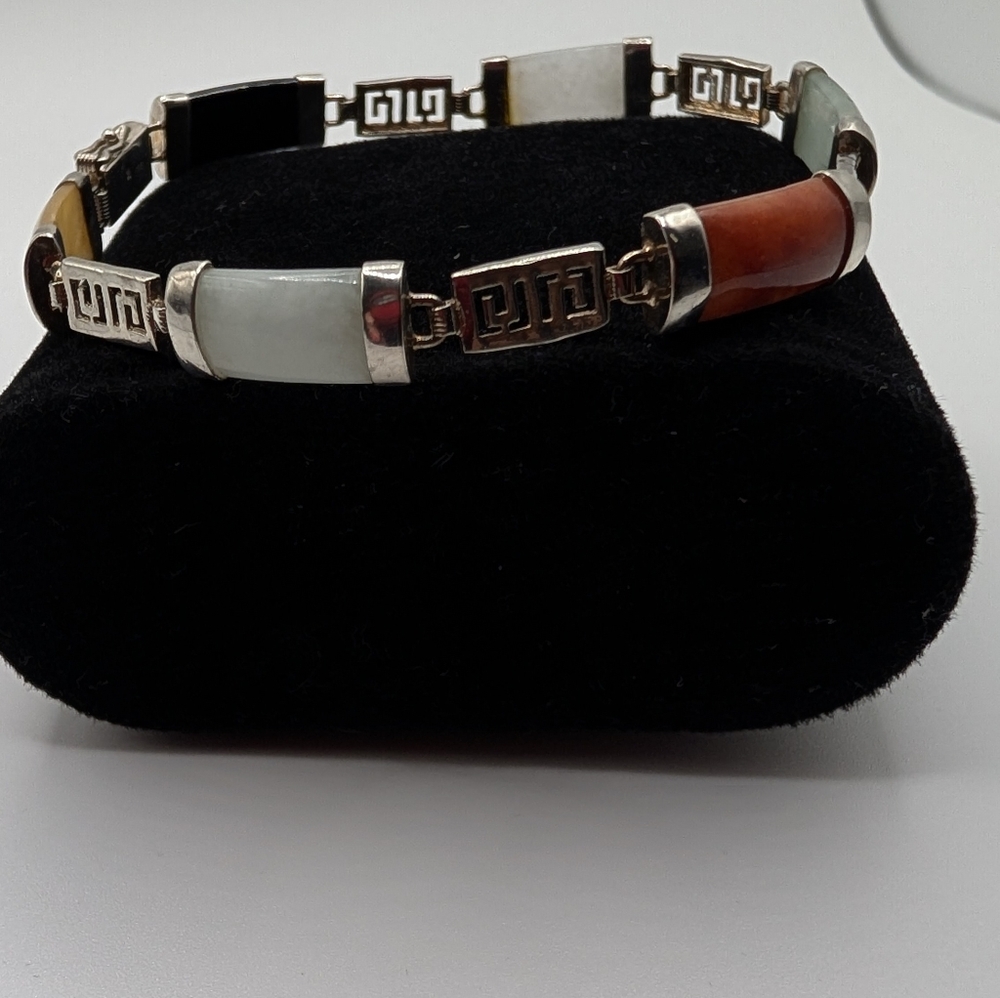 Vintage Chinese 925 Sterling Silver Muti-Color Jade & Chinese GOOD luck Bracelet - Picture 14 of 15